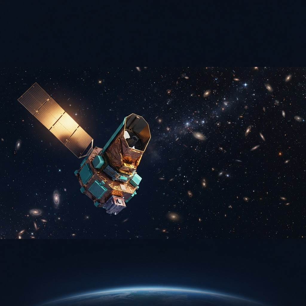 Educational illustration of the Nancy Grace Roman Space Telescope among distant galaxies