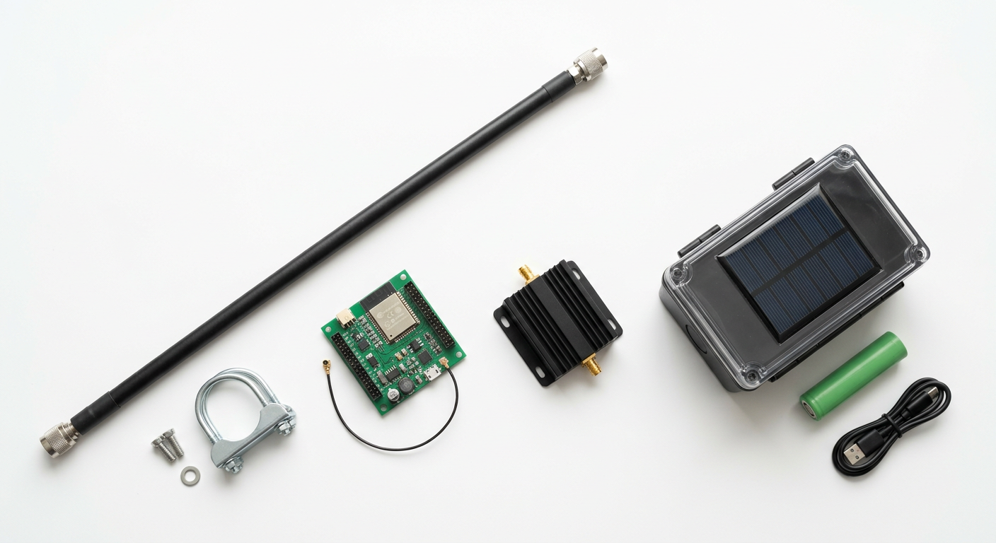 Flat-lay of the base station kit: fiberglass antenna mast, LoRa radio board, power amplifier, and solar-powered enclosure with battery