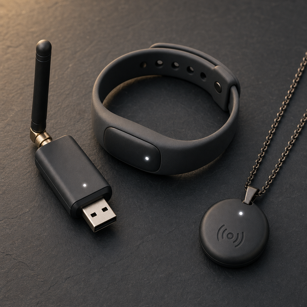 Wristband, pendant, and USB radio dongle used as NGTlink wearables
